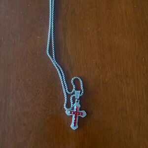 Silver and Red Cross Pendant Necklace